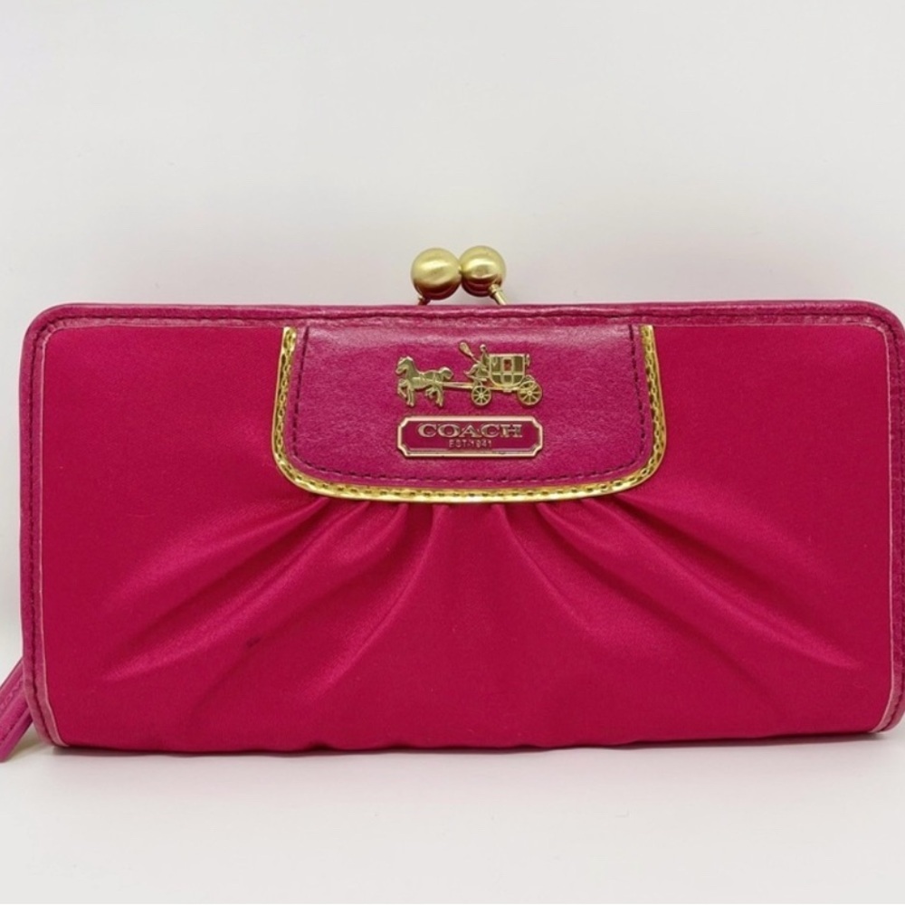 Coach Madison 3 Way Bag Pink Satin Kisslock Clutch Horse & Carriage Crossbody